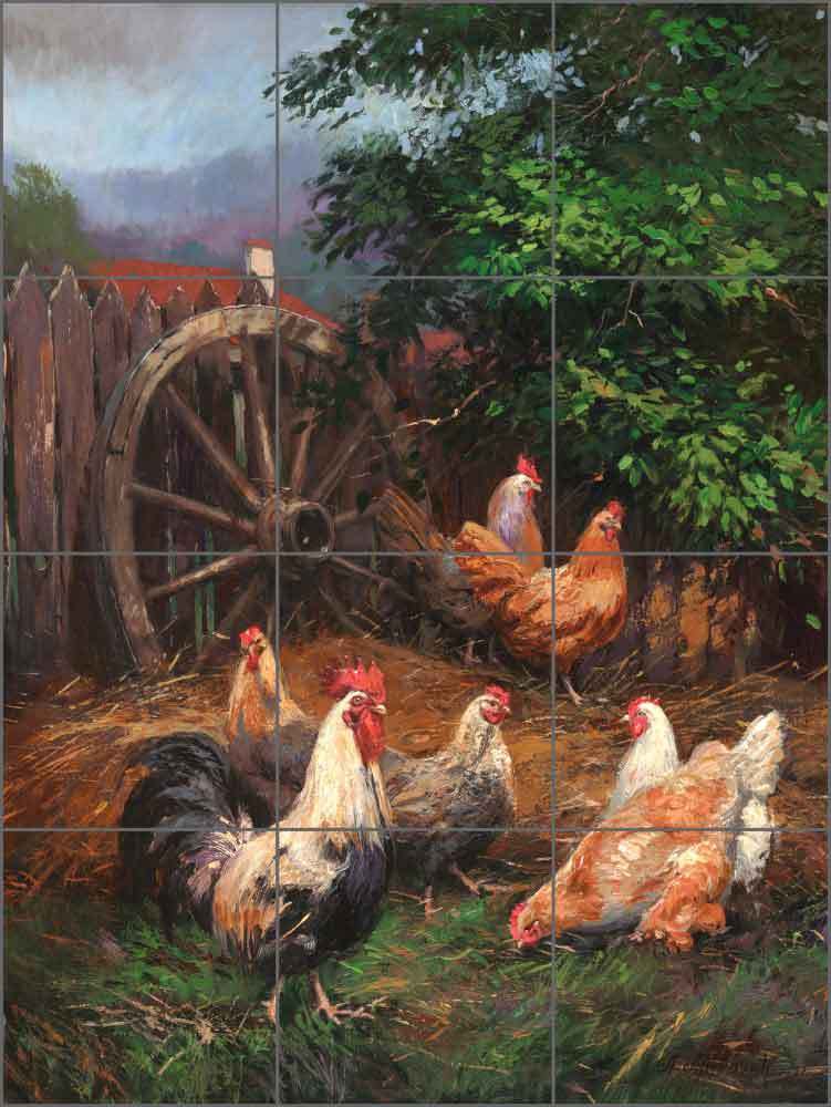 Ceramic Tile Mural Backsplash Mirkovich Rooster Chickens Country Life Art NMA034
