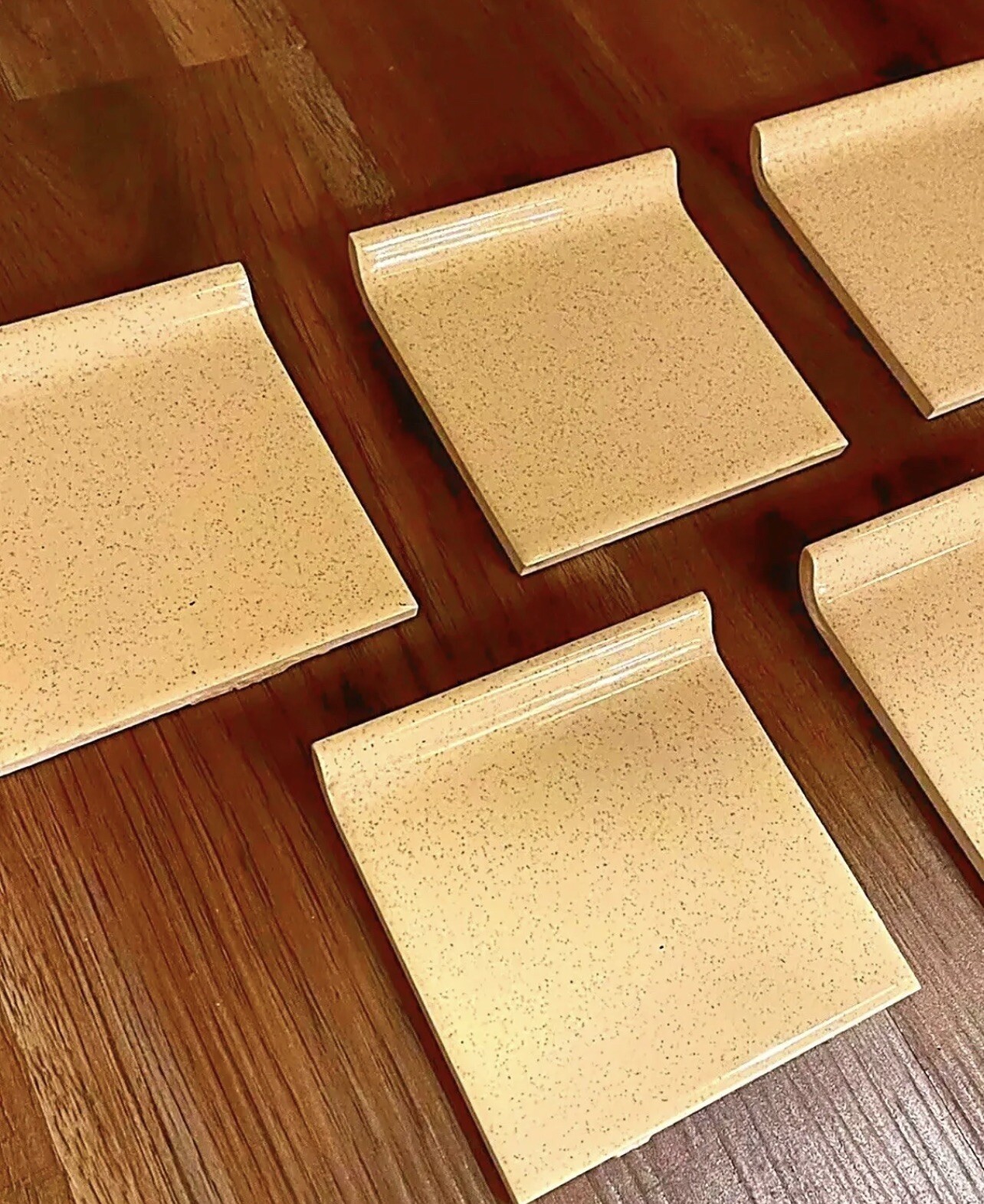 5 Vintage Ceramic Wall Mud Cap Tiles Bullnose 4.25” (4-1/4”) Yellow Gold Speckle