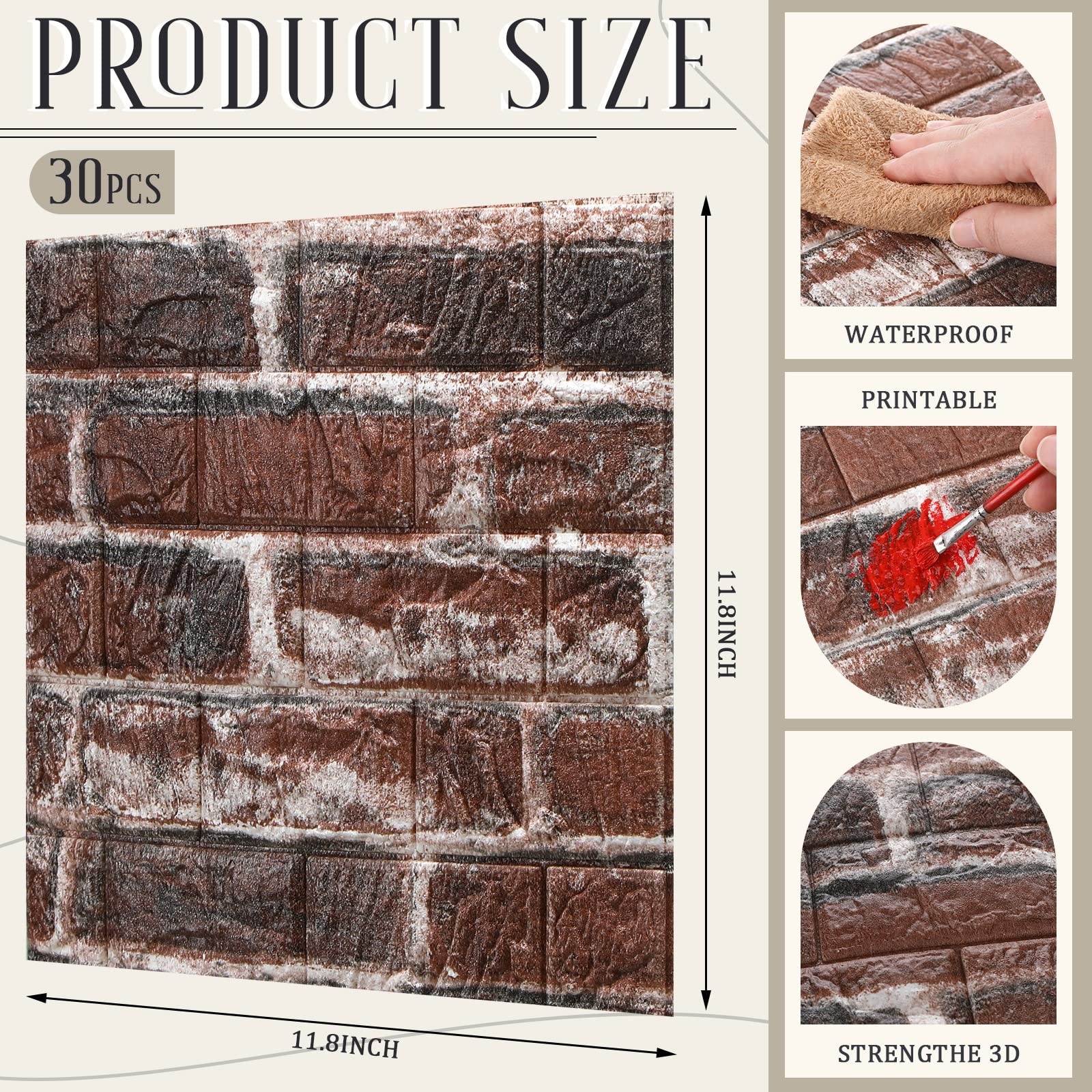 3D Foam Brick Wall Panels Waterproof Peel Stick 30 Pcs 28.8 Sq Ft Red for Living