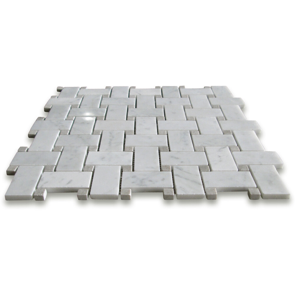 C653XP Carrara Venato Marble 1×2 Basketweave Mosaic Tile Gray Dots Polished