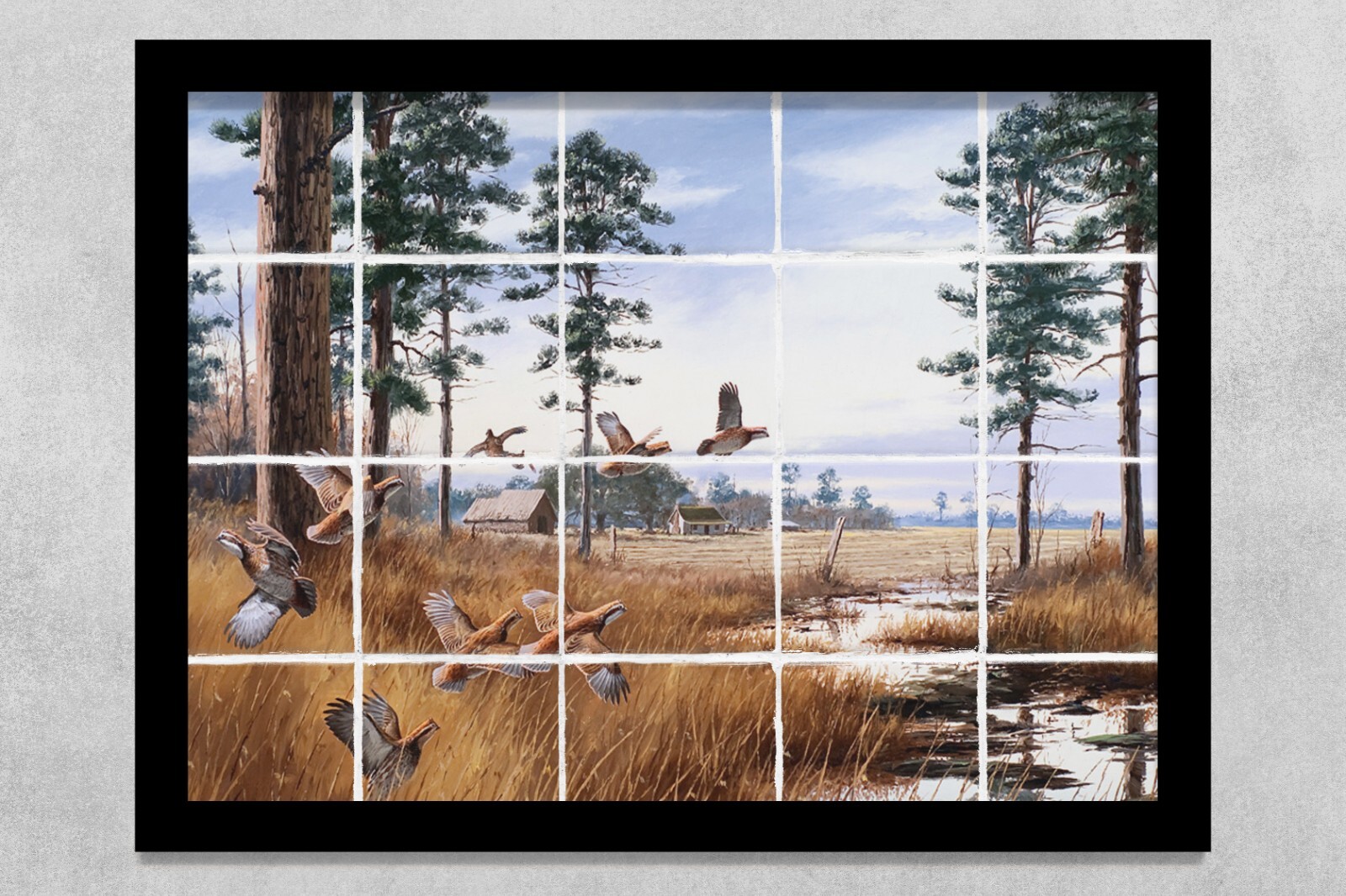 ready to hang ceramic tile mural backsplash. flying quails, farm barn country