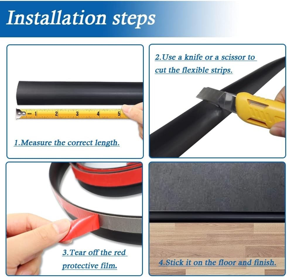 Durable PVC Floor Transition Strip – Easy Peel & Stick Installation, 20ft Black