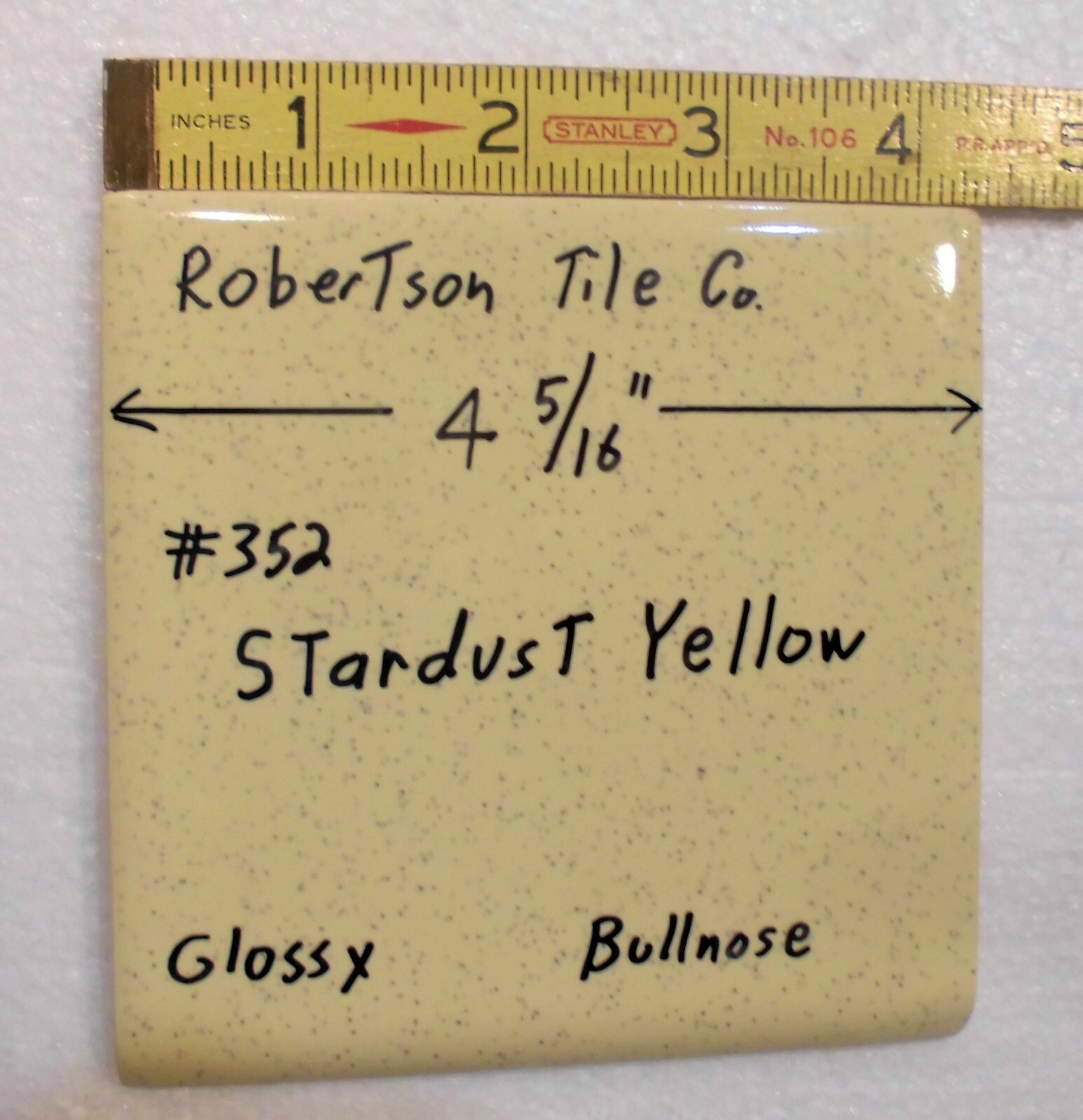 1 pc. Stardust Yellow: Vintage Glossy Ceramic Bullnose Tile 4-5/16” Robertson