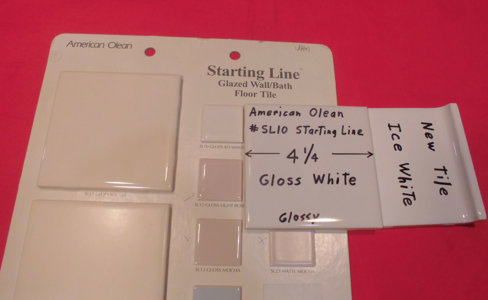 1 pc. Gloss White #SL10: Ceramic Tile by American Olean 1990’s “Starting Line”