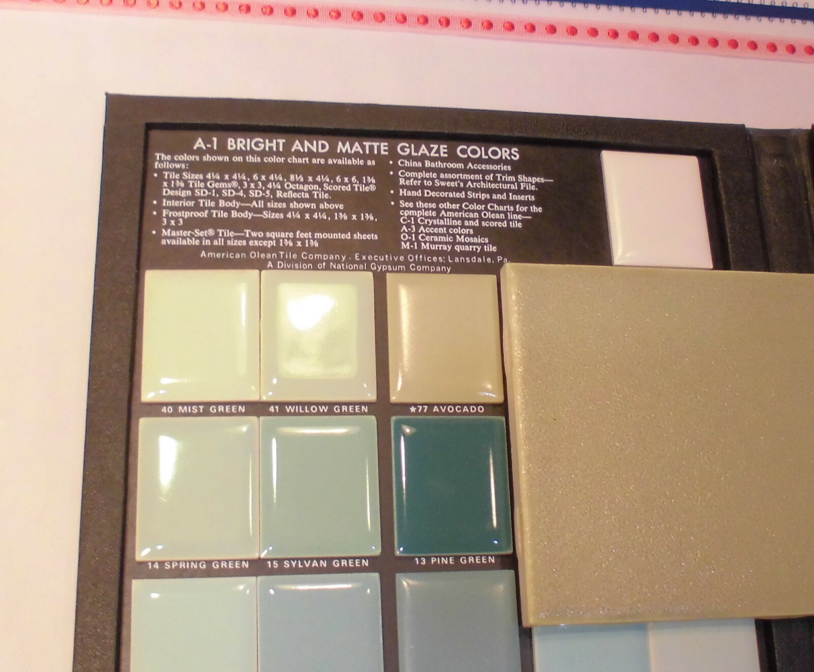 1 pc. *Avocado* Ceramic Tile Crystalline Glazed by American Olean 4-1/4″ NOS