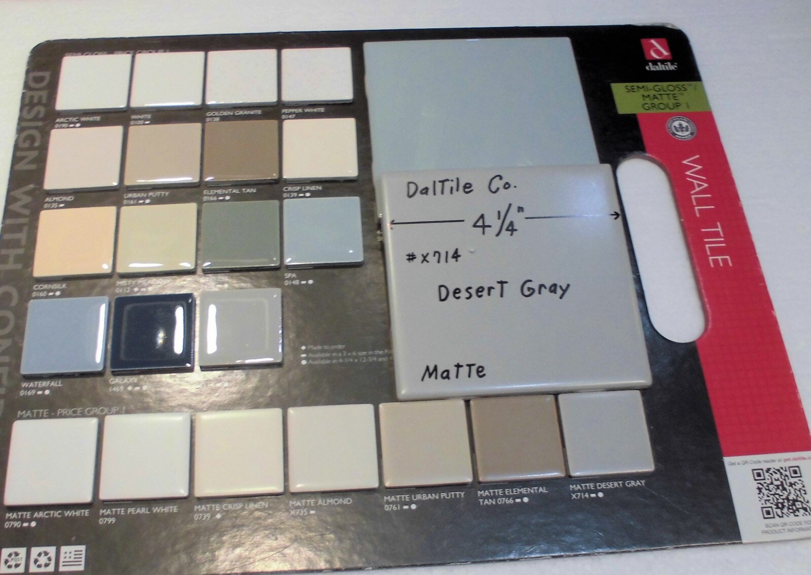 1 pc. Softer Matte Desert Gray: Ceramic Tile by Daltile… 4-1/4″ NEW