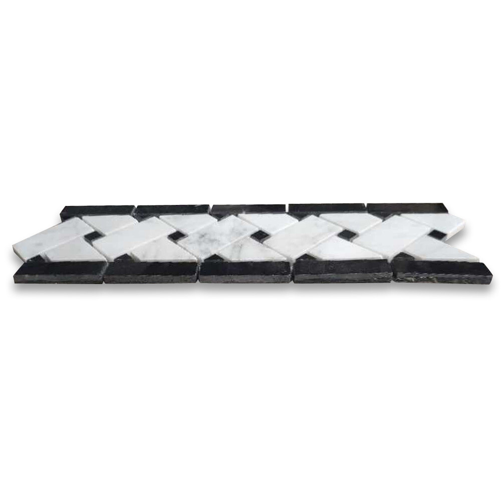 C651BXP Carrara Marble Basketweave Listello Border Black Dots Polished 4×12