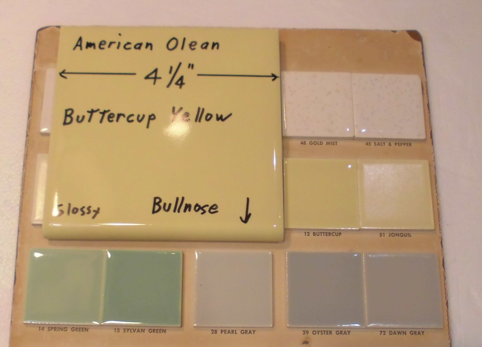 1 pc. Buttercup Yellow: 4-1/4″ Glossy BULLNOSE Ceramic Tile: American Olean, NOS