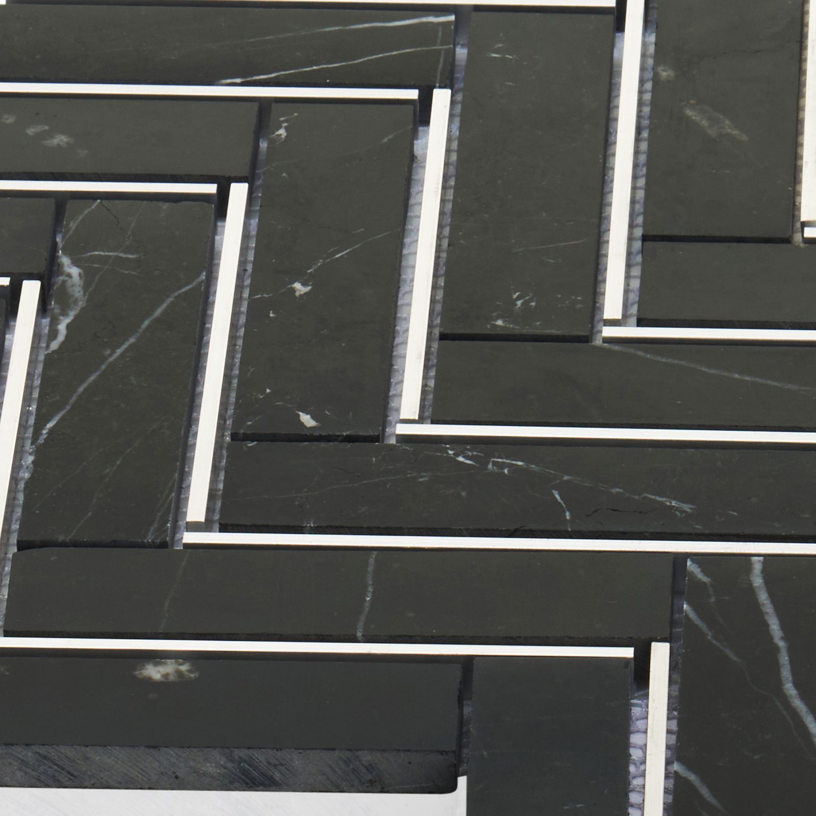 Marquina Black Marble Stone Silver Metal Inlay Herringbone Kitchen Backsplash
