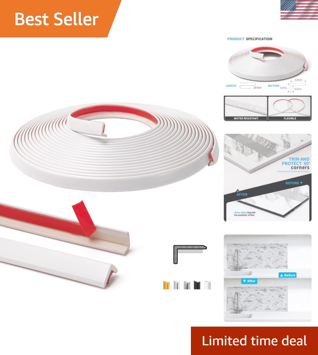 20ft Outside Vinyl Corner Trim Peel and Stick for Tile and Wall Edges, Furnit…