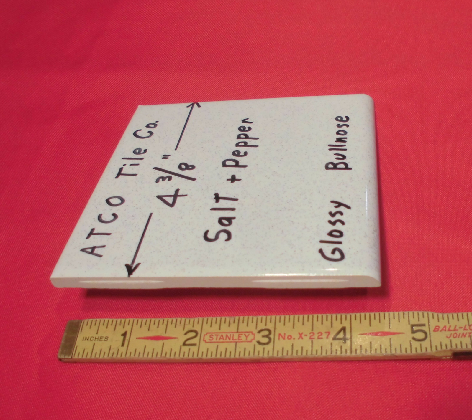 1 pc. Vintage 4-3/8″ *Salt & Pepper* Glossy Ceramic Bullnose Tile by ATCO NOS