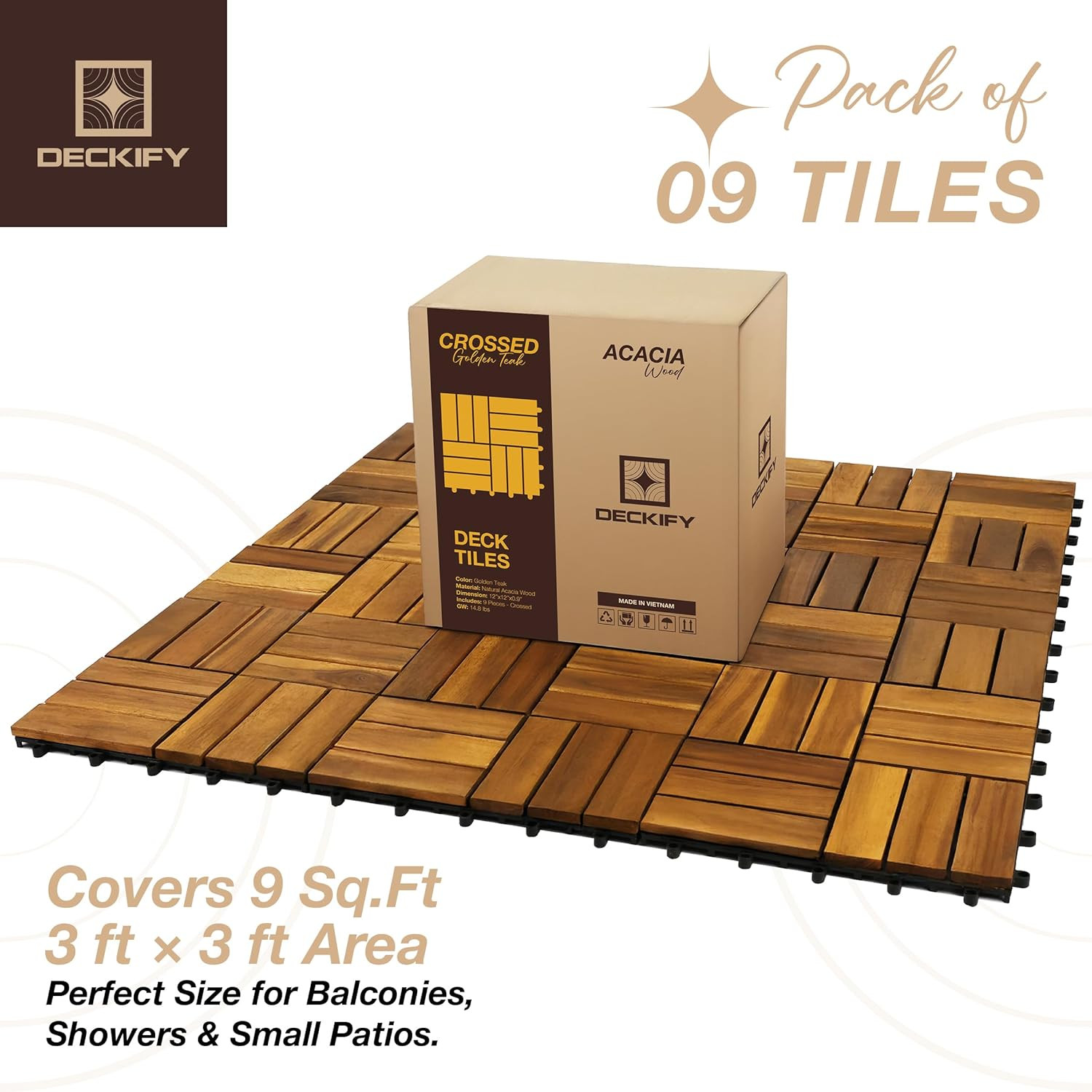 9Pcs Premium Acacia Wood Interlocking Patio Deck Tiles, 12 X 12 X 0.9 Inch Outdo