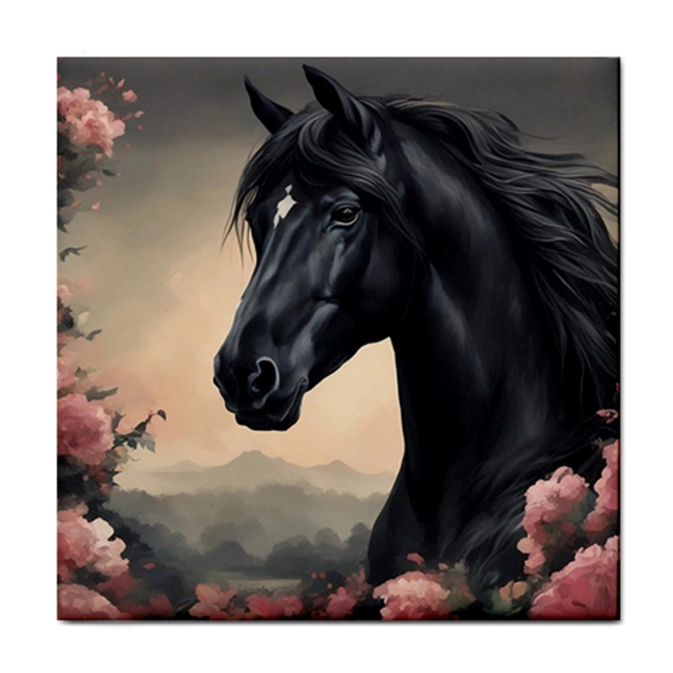 Ceramic Tile Black Horse Flowers 4.25×4.25, 6×6 or 8×8 inches Printed in USA