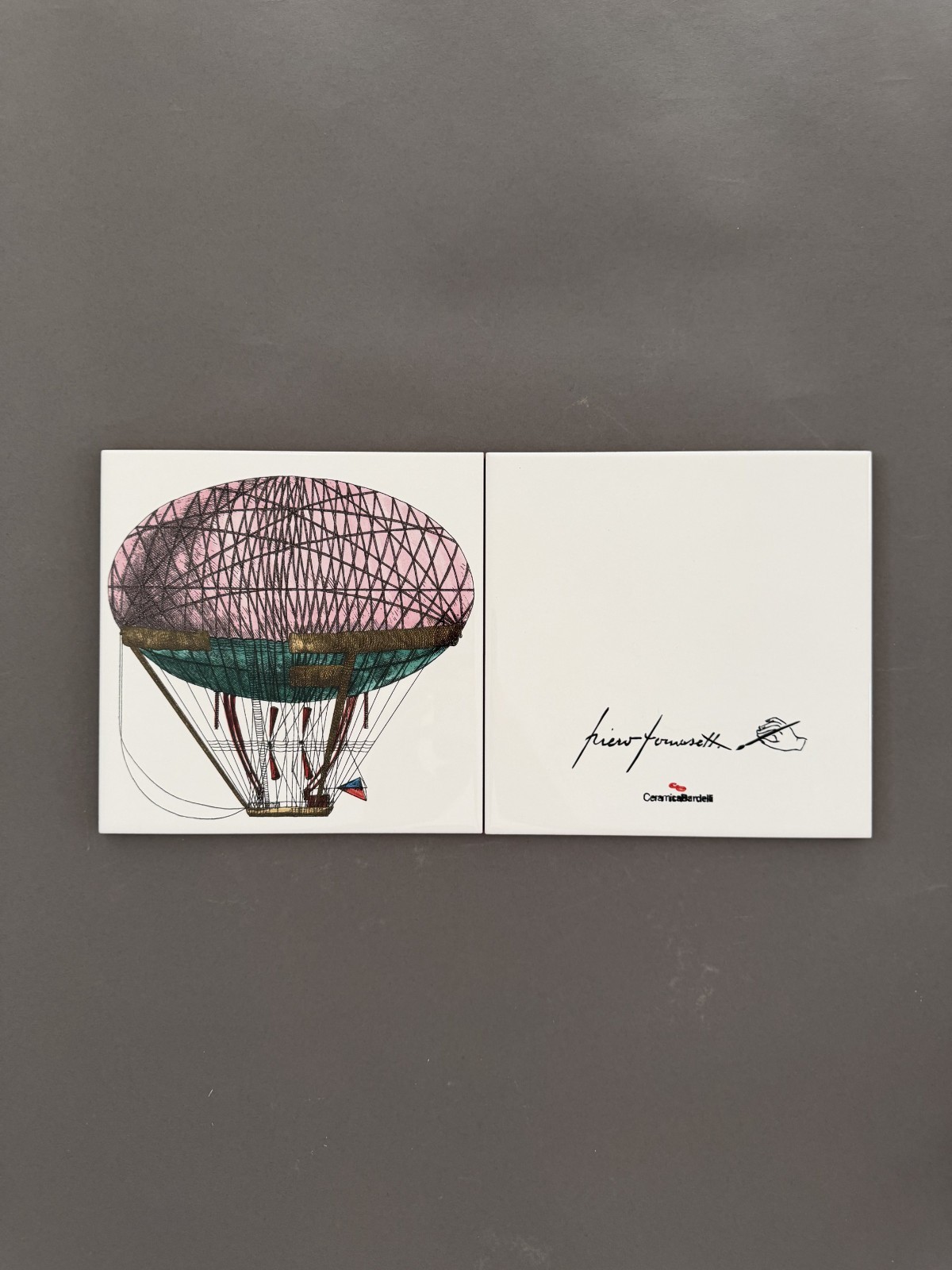 Fornasetti Airship & Signature Tile Pair 8×8 – Ceramica Bardelli Italy