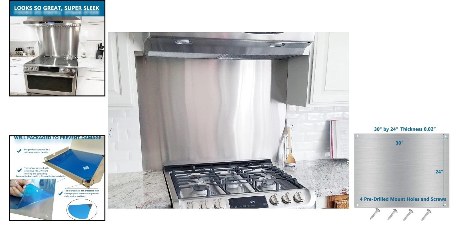 Sleek 24″x30″ Stainless Steel Kitchen Backsplash Wall Shield – 1- Guarantee