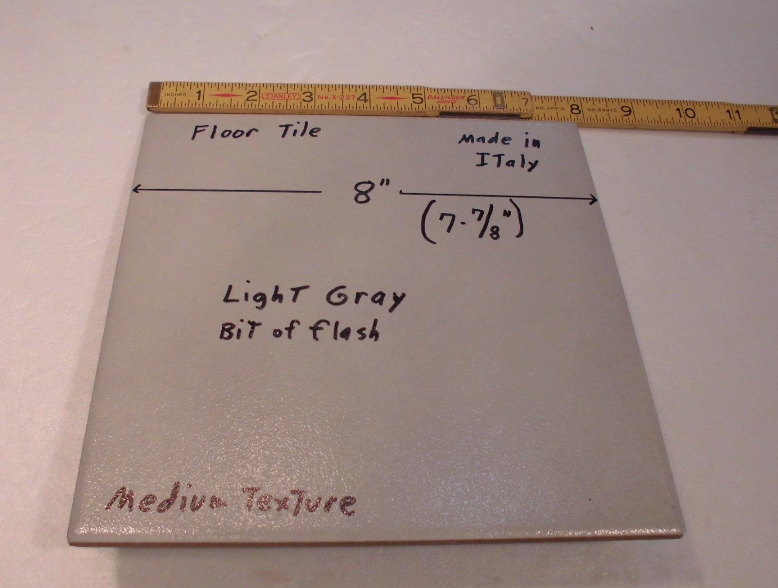 1 pc. “Light Gray” 7-7/8″ Ceramic Floor Tile: Medium Textured, Italian, flash