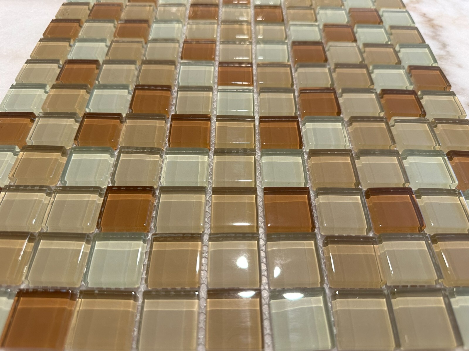 Light Beige Mix Glossy Glass Mosaic 1″x1″ Stacked Mesh Mounted