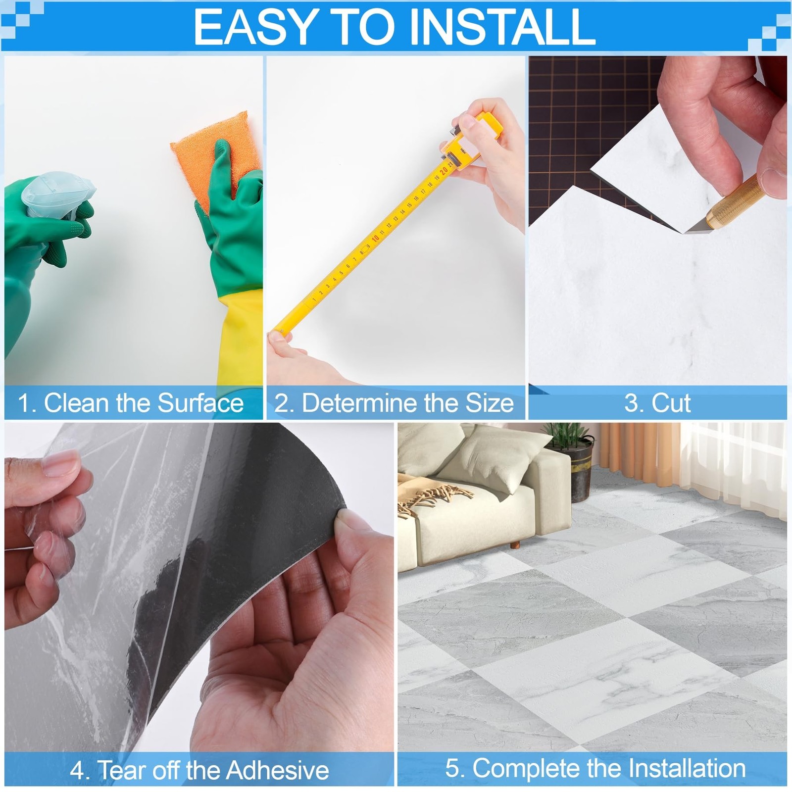 Tottist 30-Pack 12×12 Inch Vinyl Floor Tiles Grey/Beige Marble 30 Sq Ft