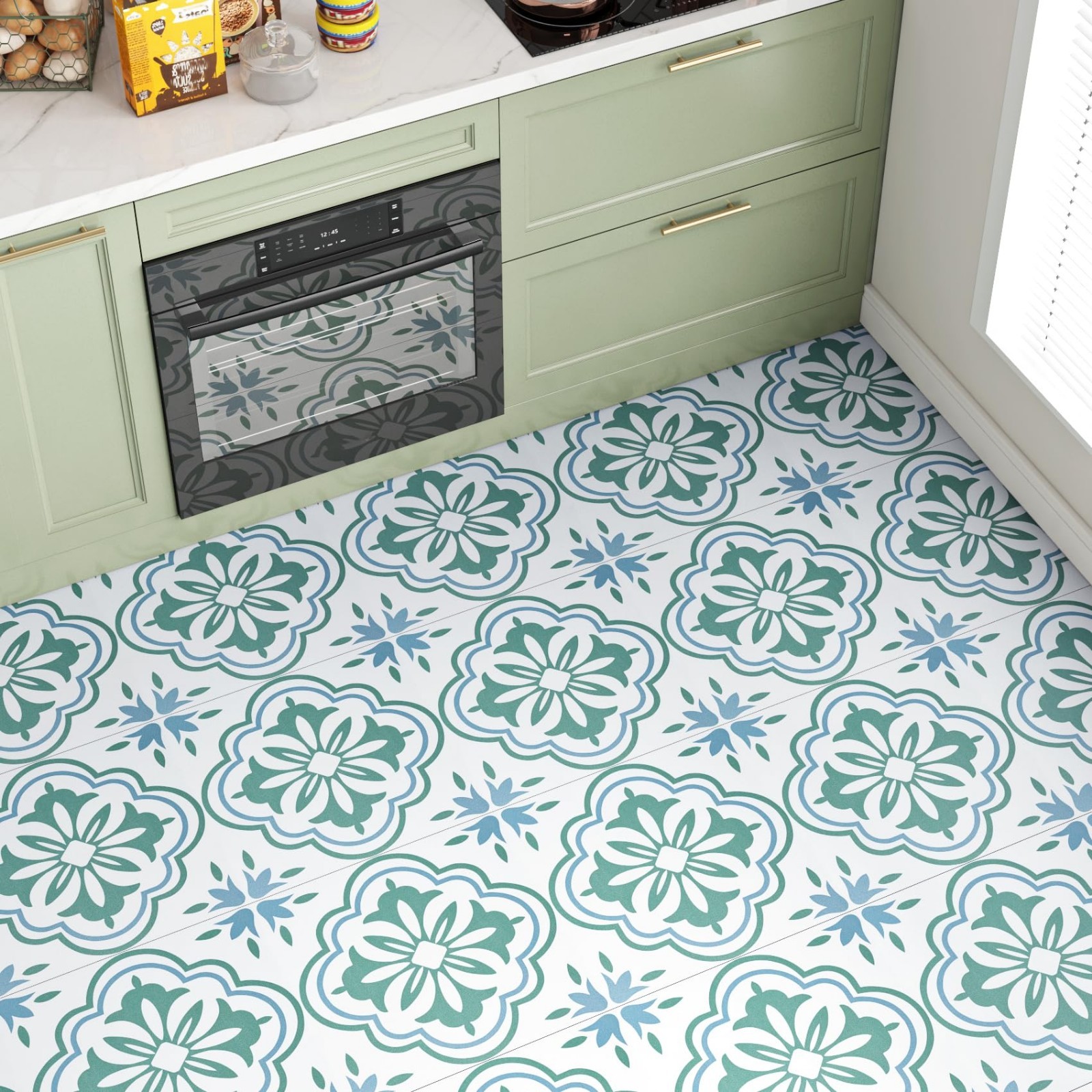 Waterproof Peel and Stick Floor Tiles – Sage Green & Blue Boho Floral Design, PV
