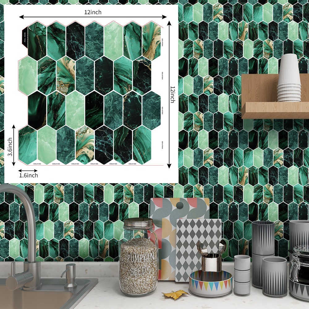 20pcs Peel and Stick Backsplash Thickened Green Tiles, 12″x12″, Cover 20 Sq.Ft.