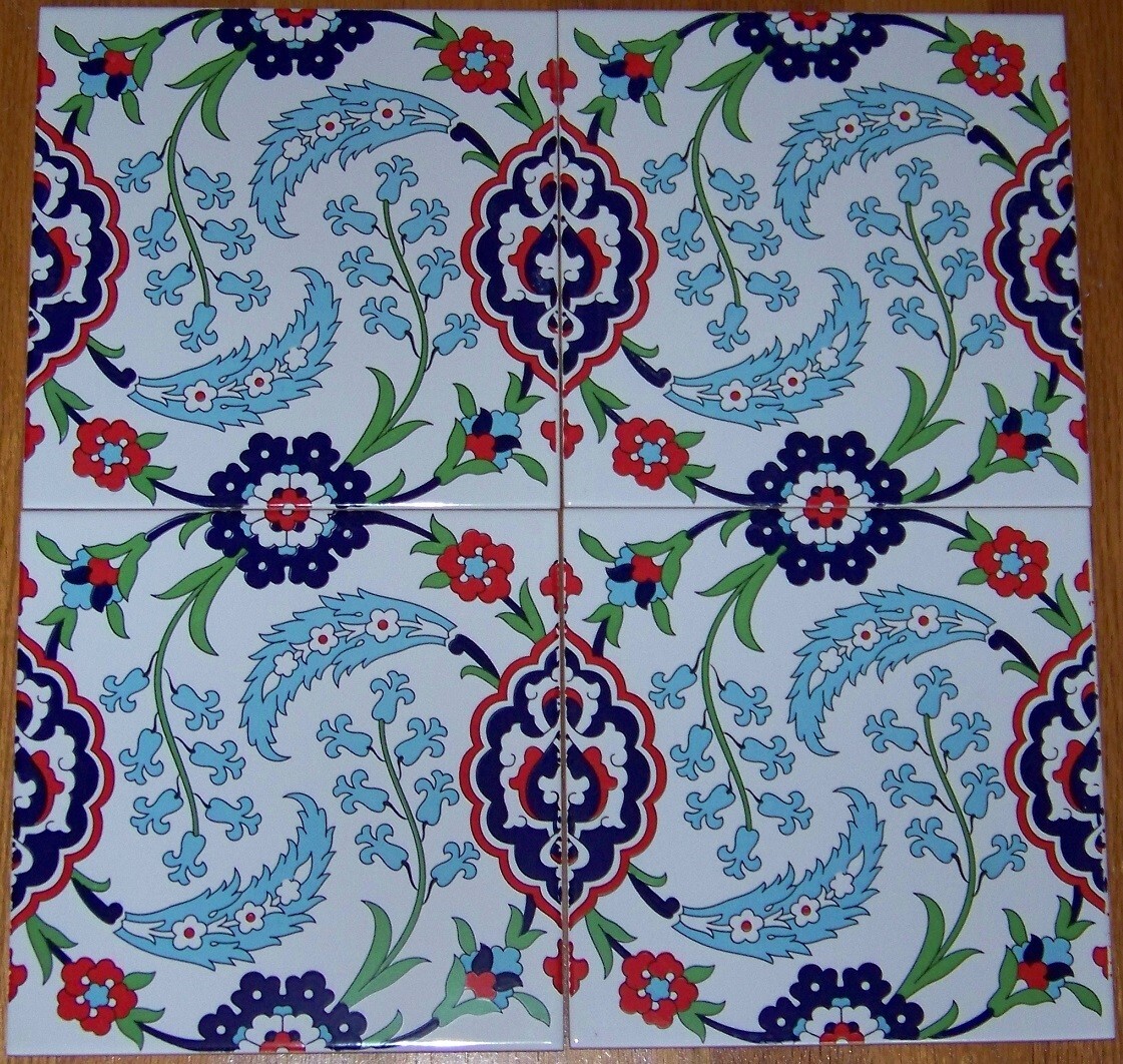 4 8″x8″ Turkish Iznik Red Tulip & Blue Floral Pattern Ceramic Tile