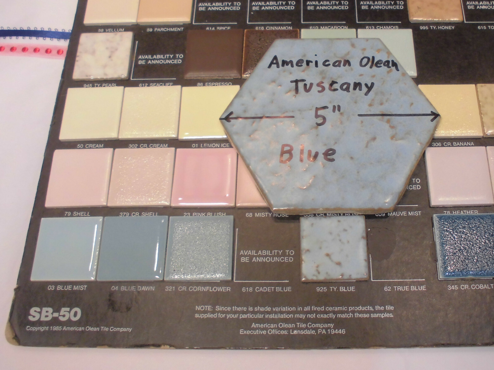 1 pc. *Blue Hexagon* Ceramic 5″ Tiles: Tuscany Glaze by American Olean 4-3/8″