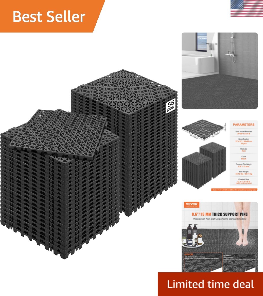 Interlocking Tile 55PCS Black, Drainage Tiles 12″ x 12″ Splicing, Soft PVC In…