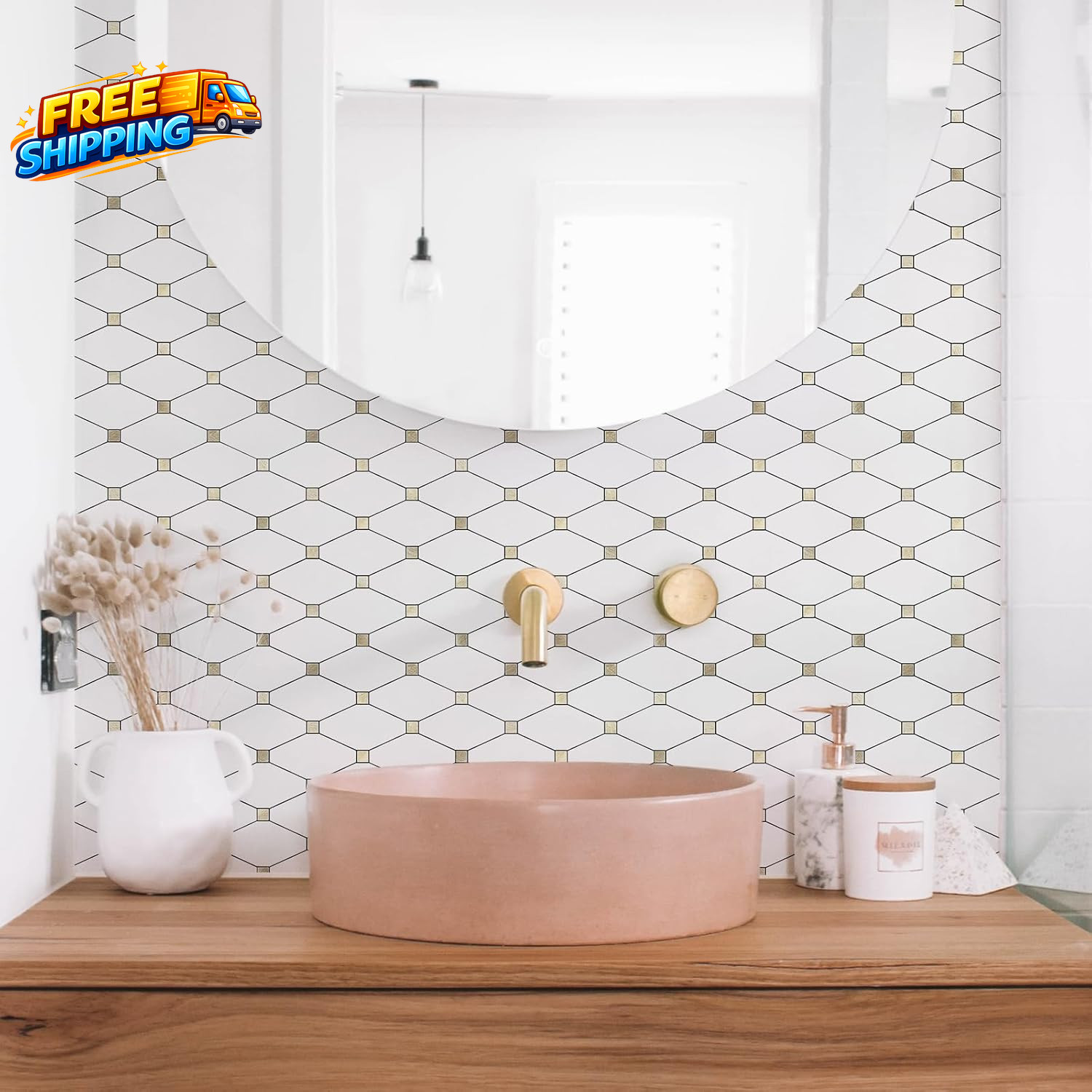 10 Sheets Peel and Stick Backsplash Pure White Marble Look PVC Mixed Metal Gold
