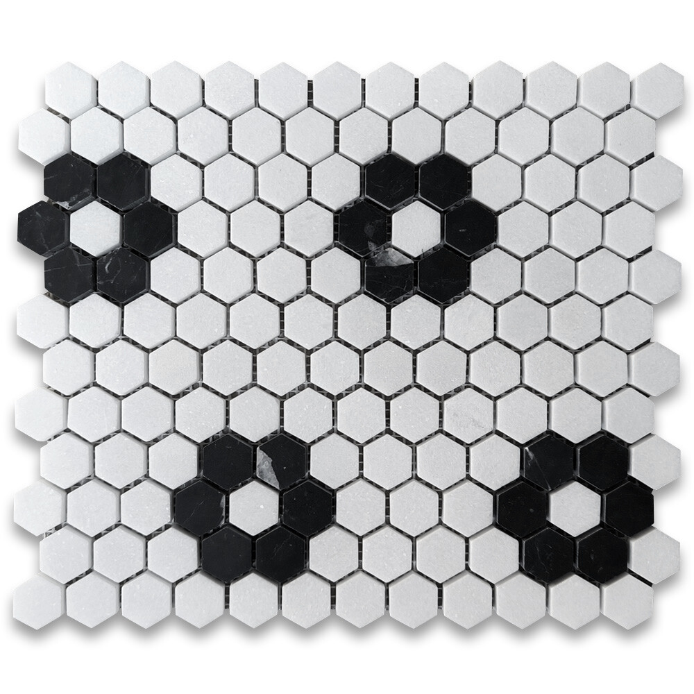 T31F1XH Thassos White Marble Hexagon Rosette Mosaic Tile Nero Marquina Black