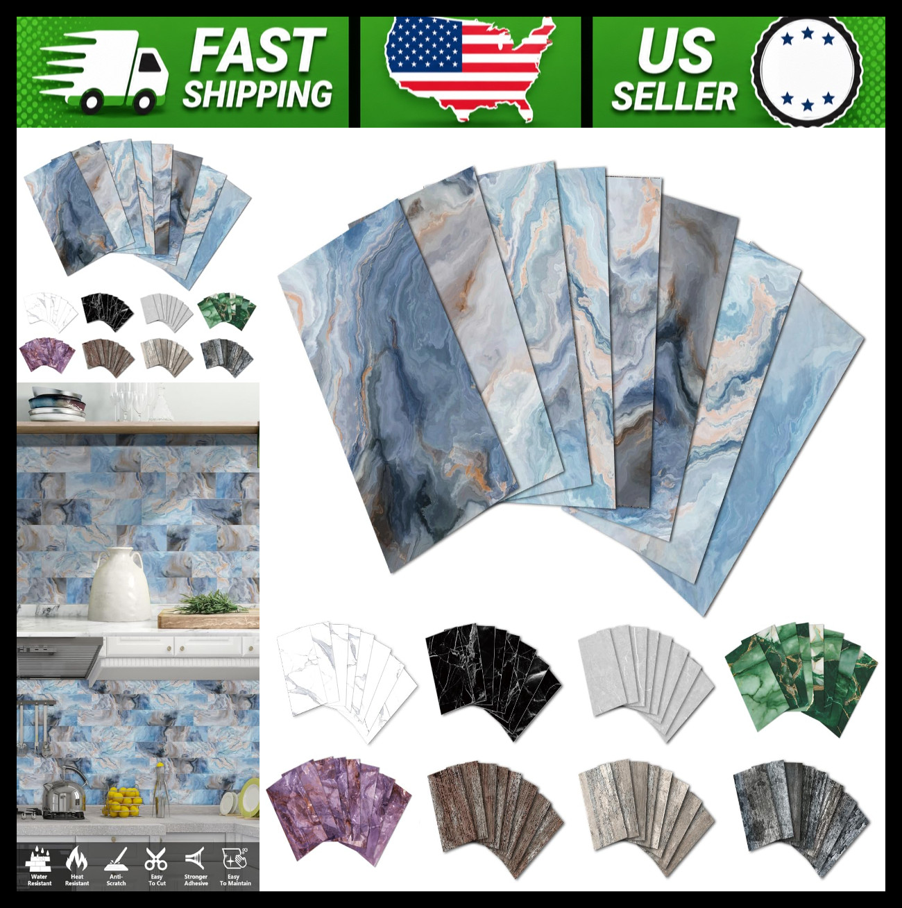 URCOLOR 64-Piece Peel and Stick Blue Marble Subway Wall Tile Backsplash