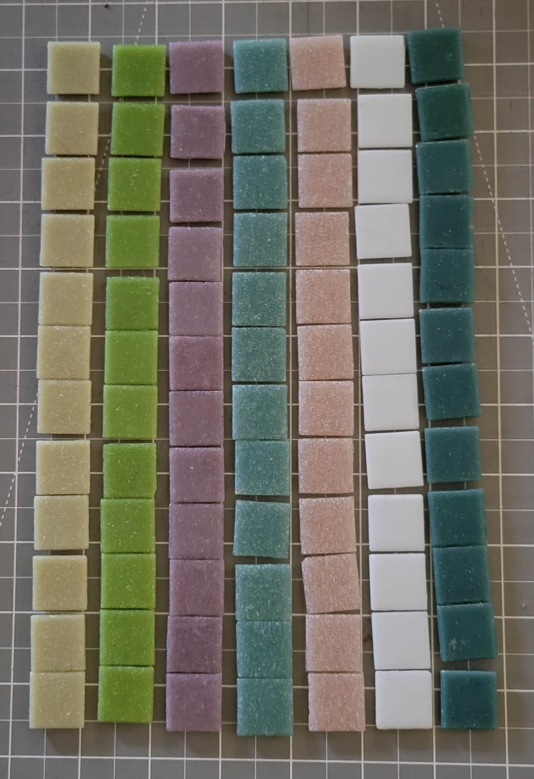 7 colors of tile 3/4″ each beige white pink green purple aqua & dark aqua