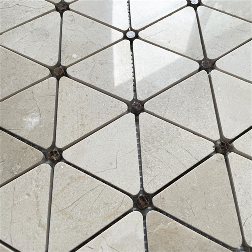 M854P Crema Marfil Marble Triangle Mosaic Tile Emperador Dark Dots Polished