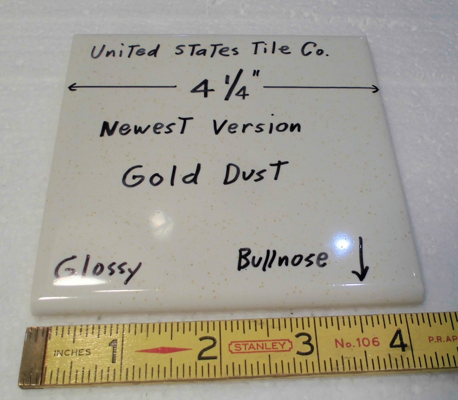 1 pc. Gold Dust: Glossy Ceramic Bullnose Tile: vintage white color, gold specks