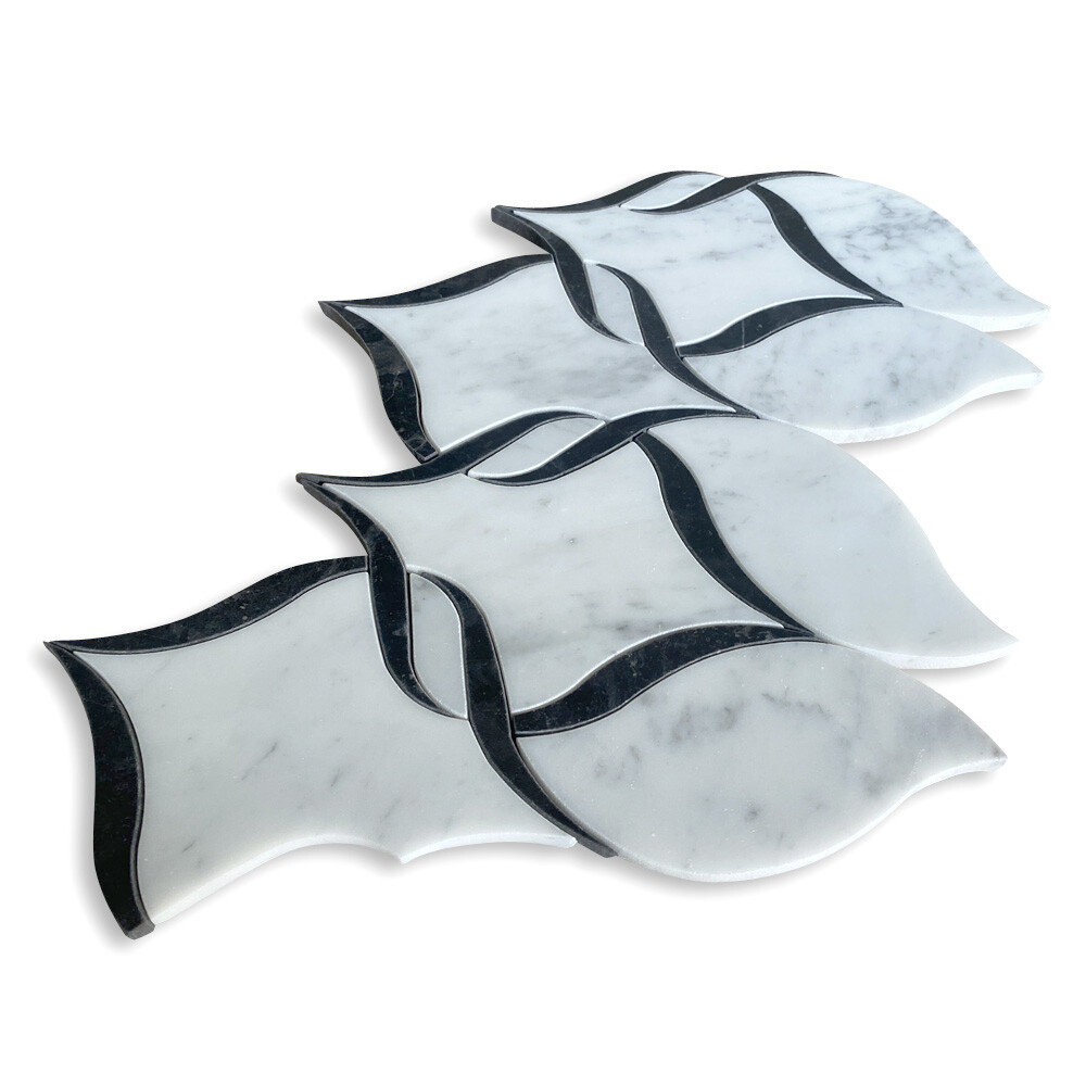 C89B1H Carrara White Marble Helix Ribbon Waterjet Mosaic Tile Marquina Black