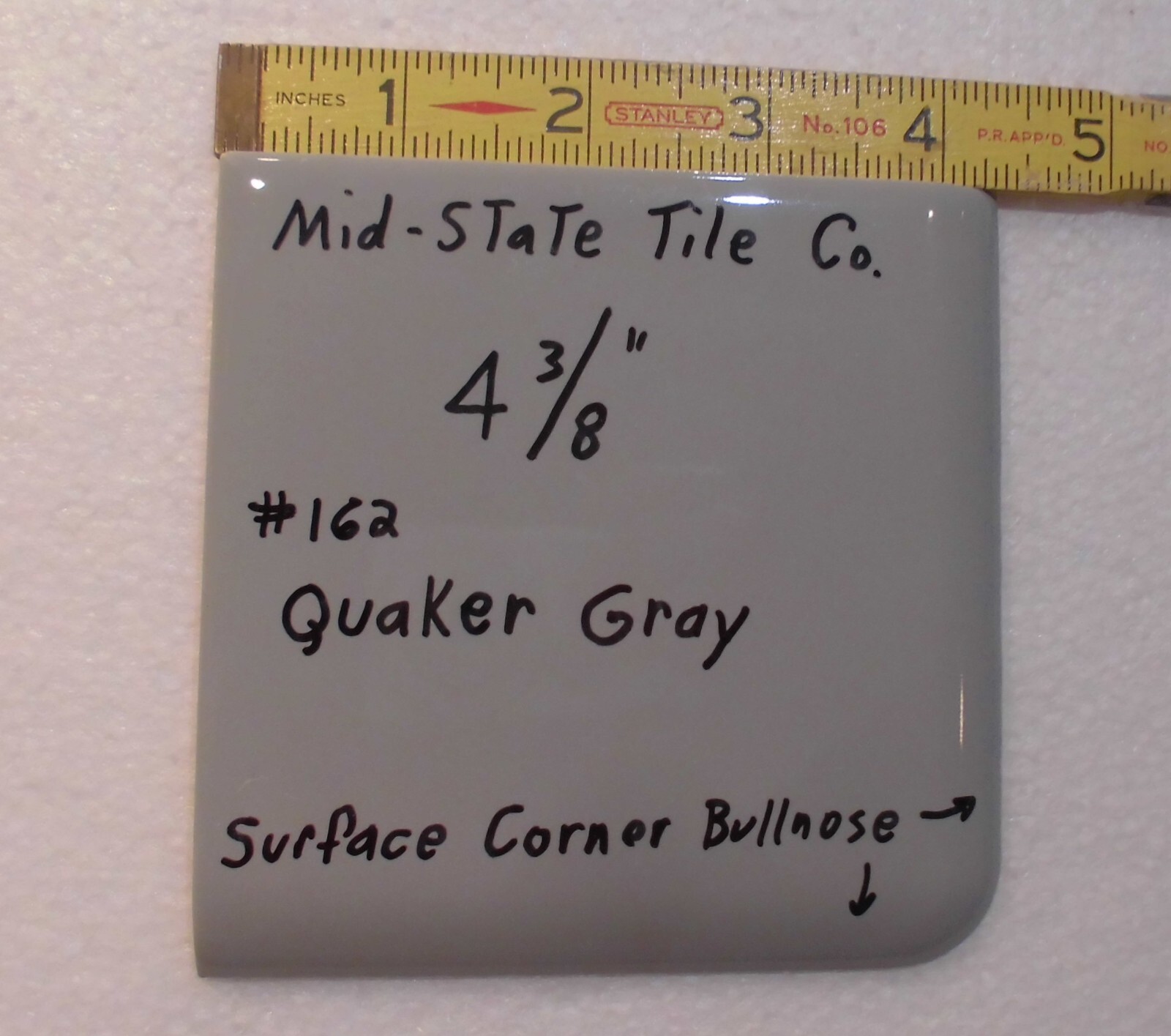 1 pc. *Quaker Dark Gray* Corner Bullnose Ceramic Tile 4-3/8″ by Mid-State Co.