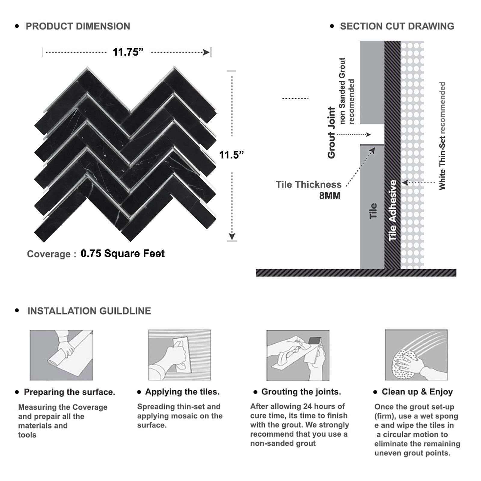 Marquina Black Marble Stone Silver Metal Inlay Herringbone Kitchen Backsplash