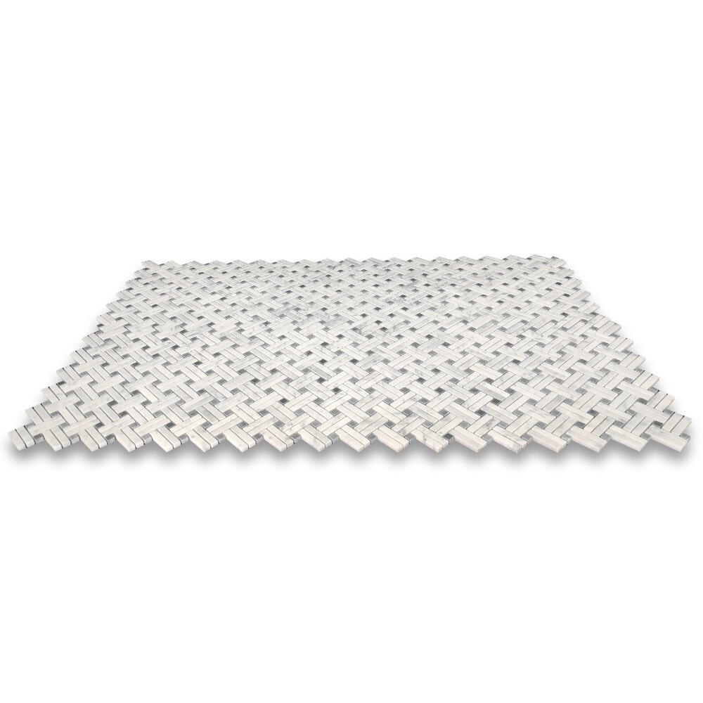 C697XH Carrara White Diagonal Basket Weave Gray dots Marble Mosaic Tile Honed
