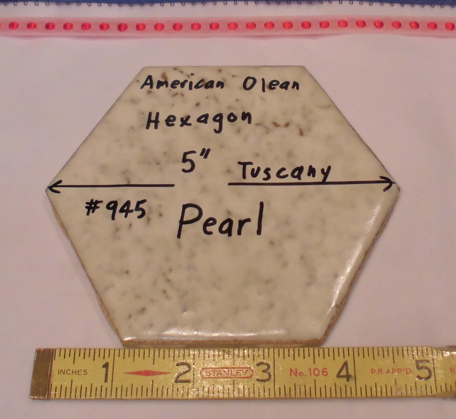 1 pc. Pearl #945 Ceramic 5″ Tile: Tuscany Glaze by American Olean, Hexagon, NOS