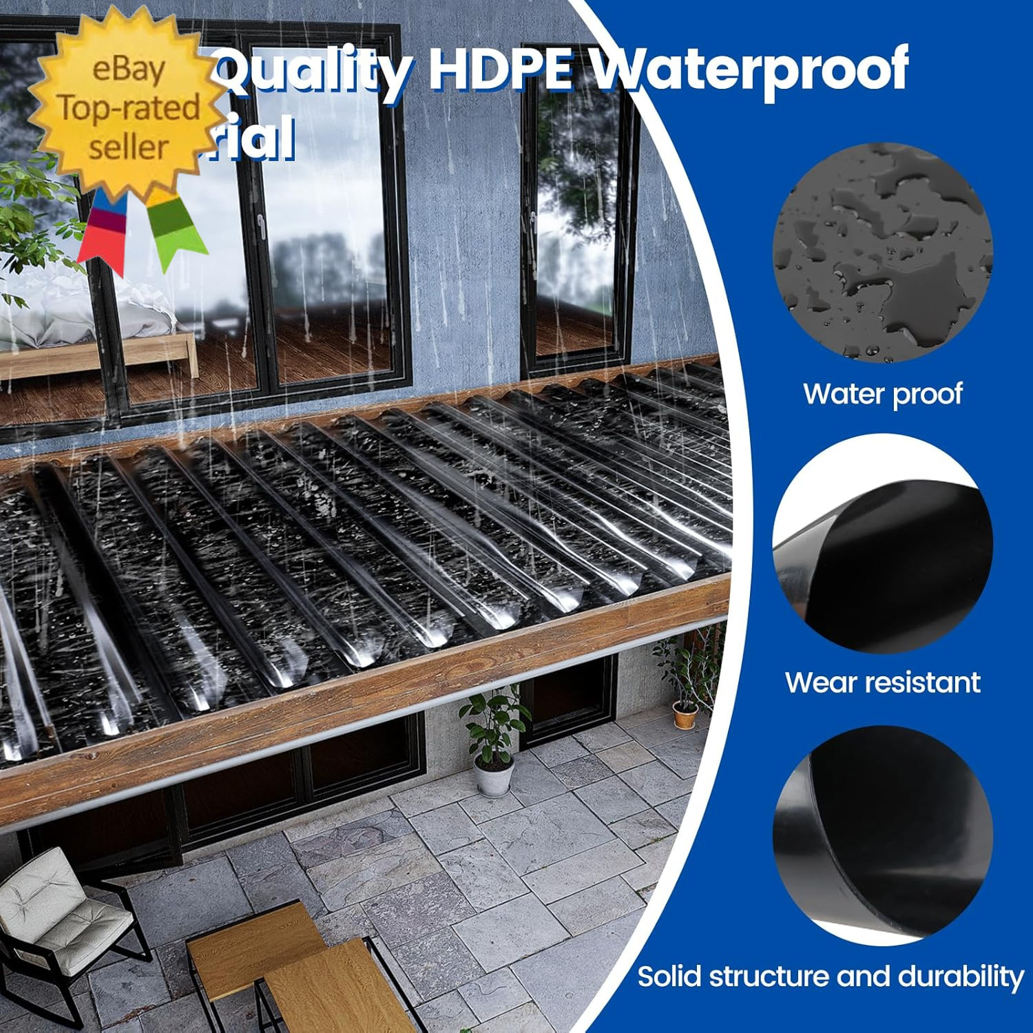 1PCS 50FT Black under Deck Drainage System Trough Waterproofing Membrane Fit