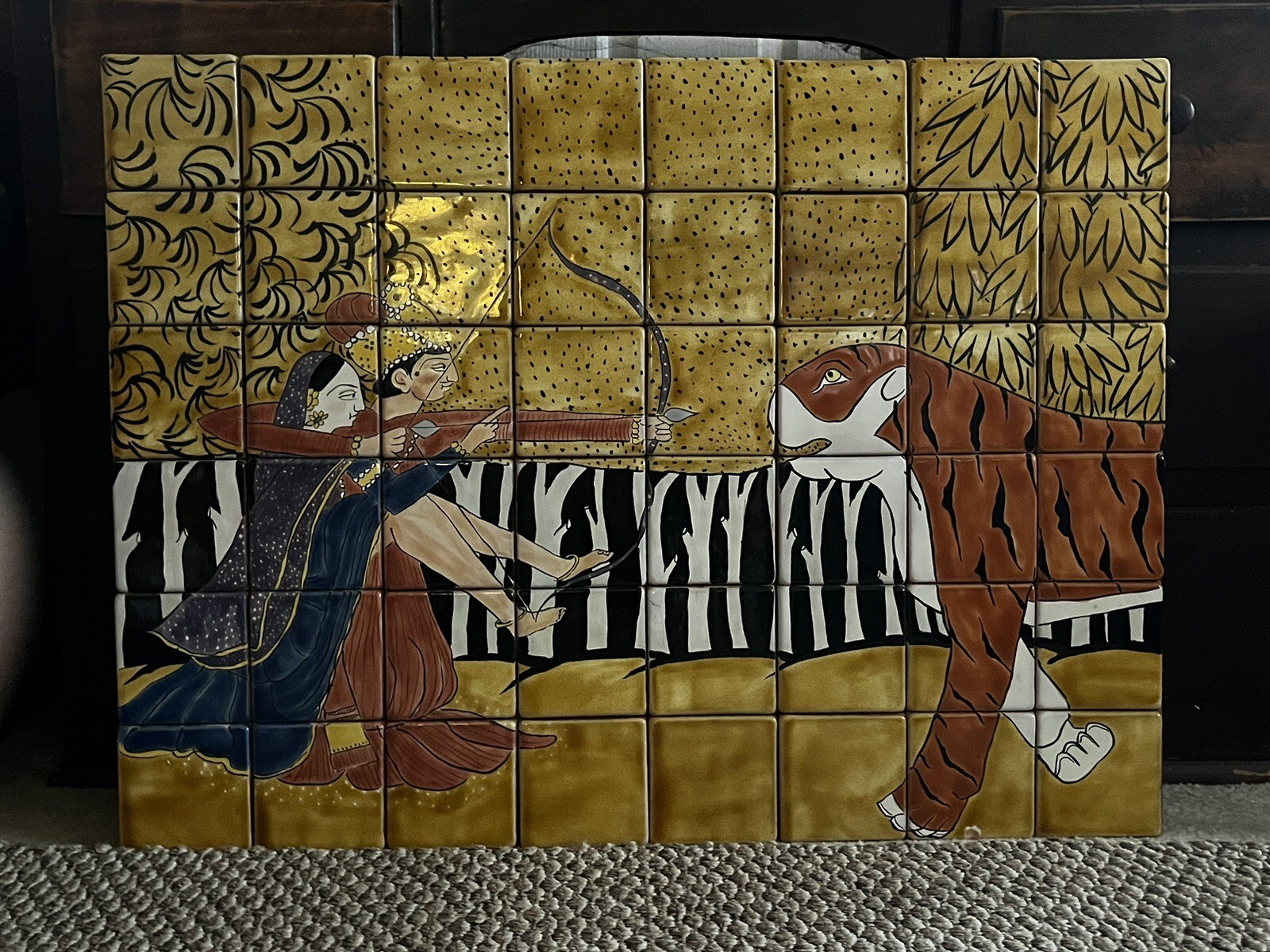 Vintage MUGHAL INDIAN Art Tile MURAL 32″ X 24″ TIGER Hunting