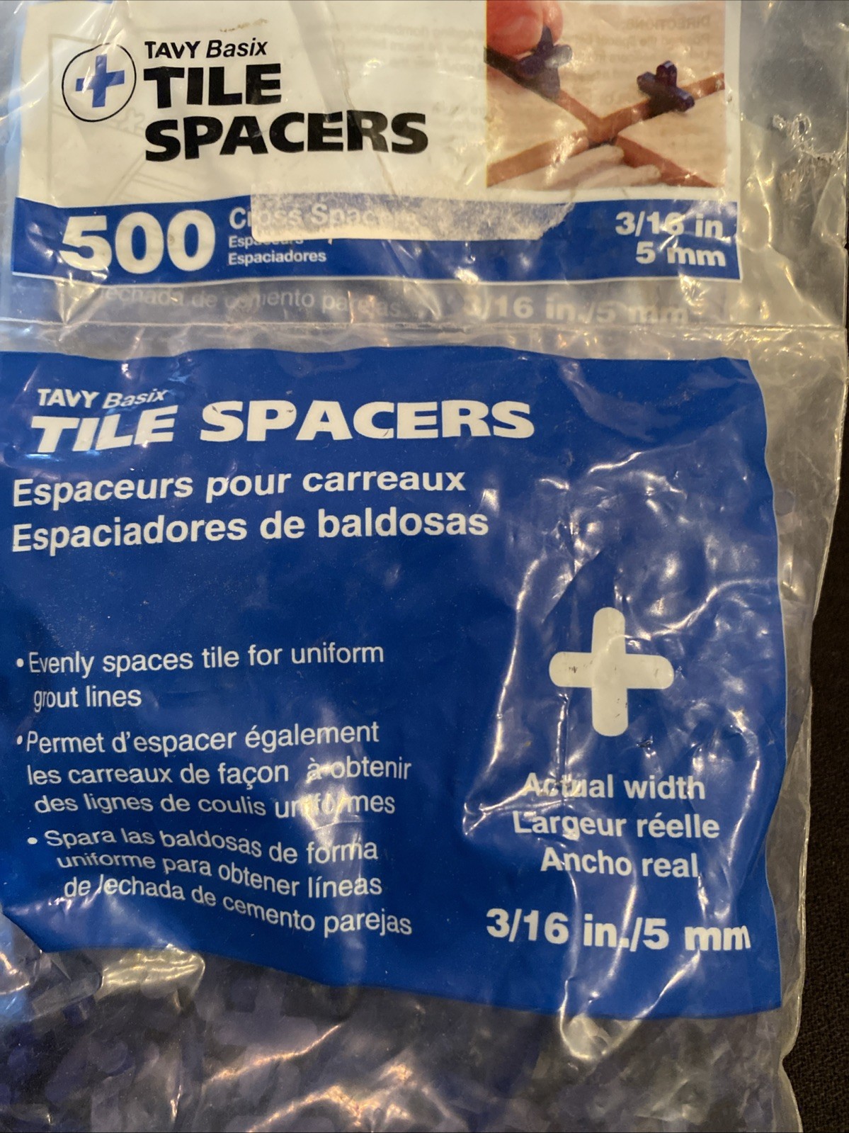 TAVY Basix 3/16 in Blue Cross Plastic Tile Spacers 500 Pack – 3 pkgs