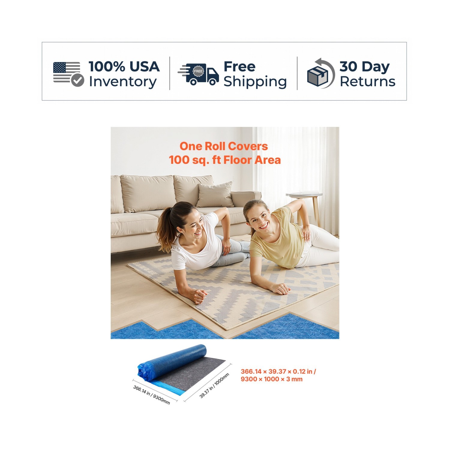 VEVOR Floor Underlayment 100 sq ft 3mm Laminate Flooring Padding Vapor Barrier