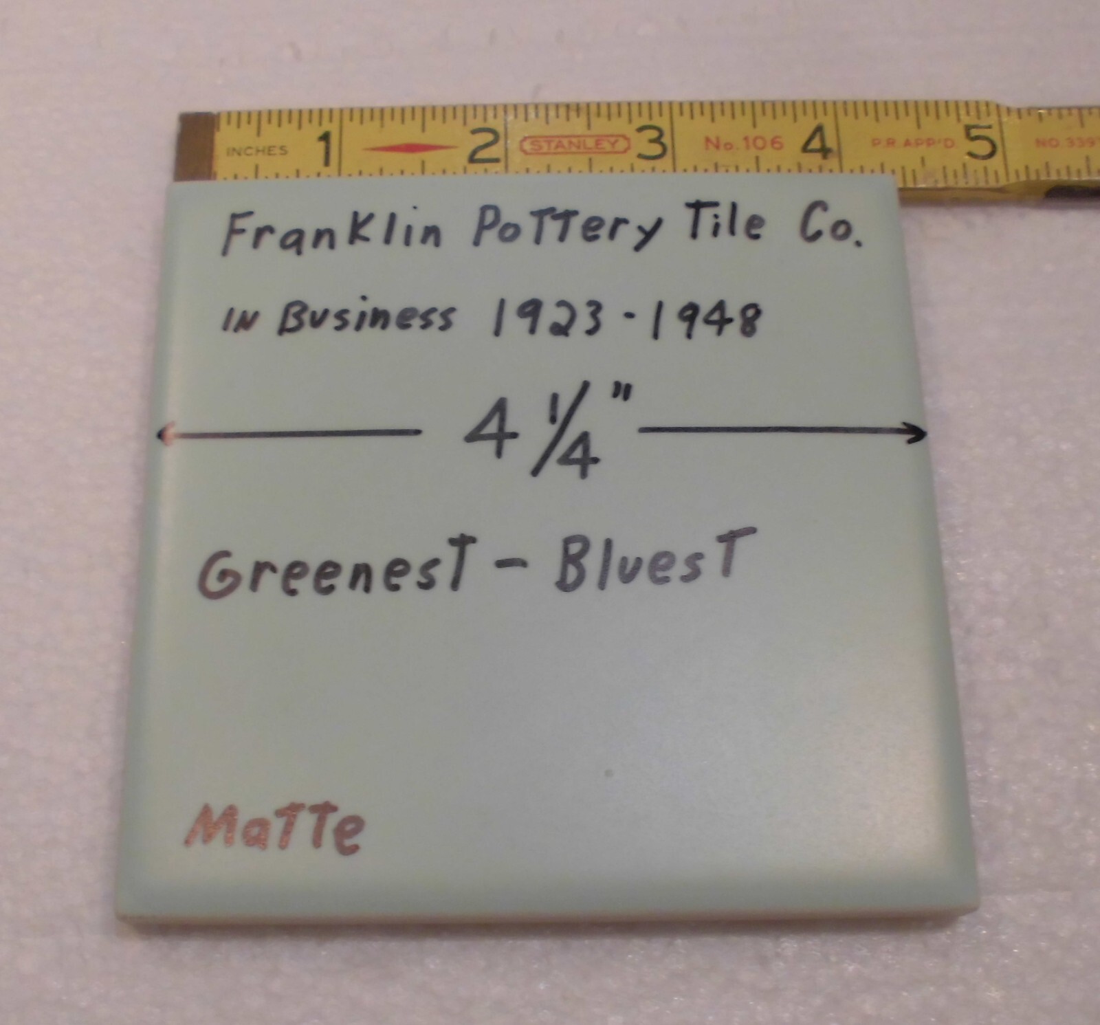 1 pc. Green – Blue: Matte Ceramic Tile by Franklin Co. 4-1/4″ Criteria 1930’s