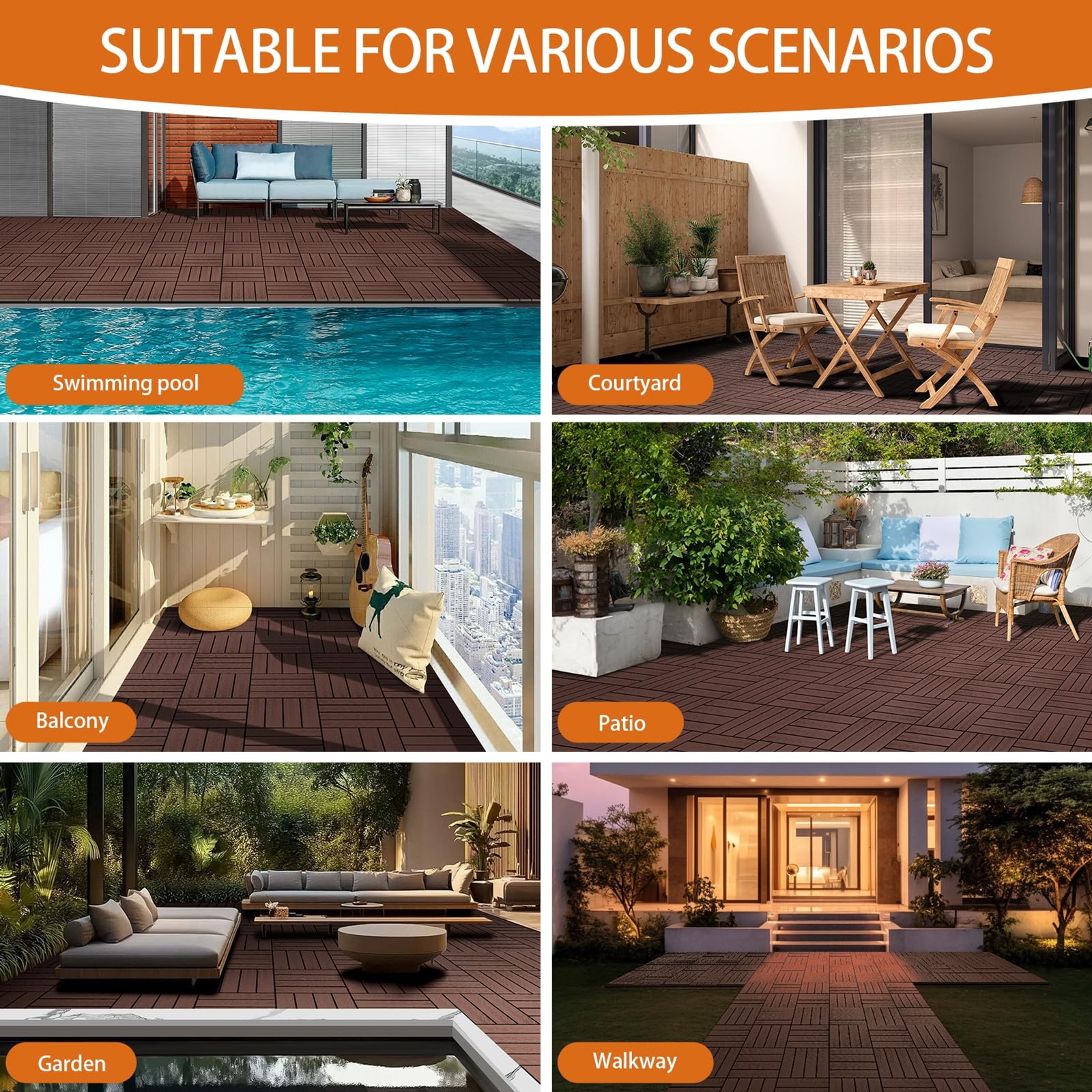 Polymer Interlocking Composite Deck Tiles Outdoor(4Pcs,Coffee) | 12×12″ Thick Co