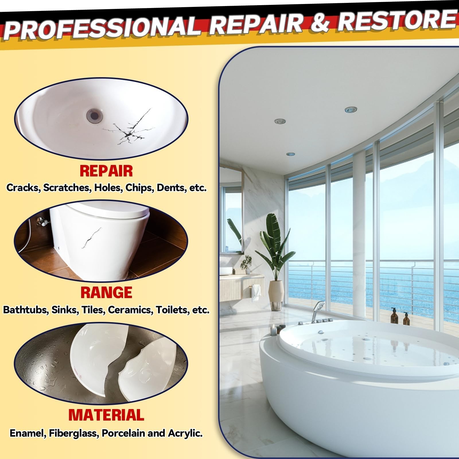 Bathtub Repair Kit – Fix Chips, Dents & Cracks in Fiberglass, Porcelain, Acrylic