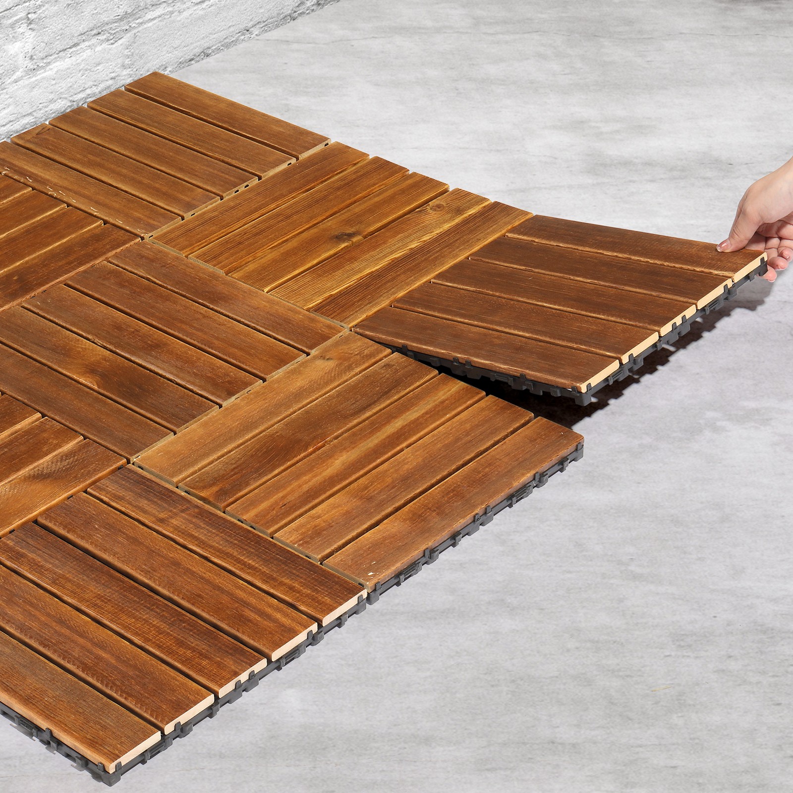 27pcs Wood Interlocking Deck Tiles 11.8″x11.8″, Waterproof , Stripe Pattern
