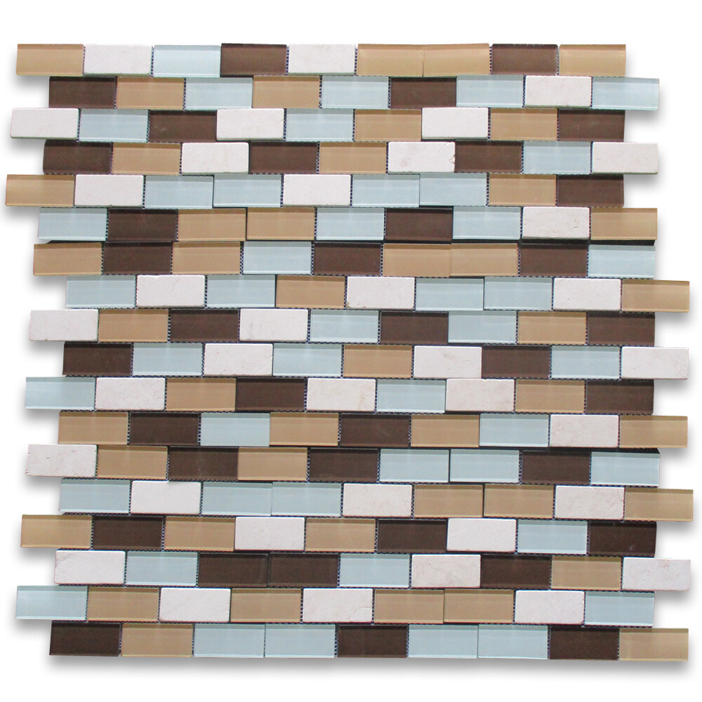 A64002 Glass Mosaic Tile White Brown Yellow Glass Mix Beige Travertine 2×4