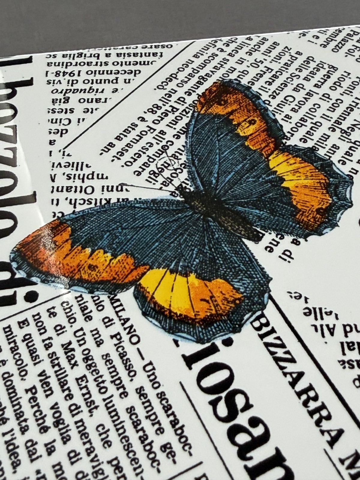 Fornasetti Newspaper & Butterfly Tile Pair 8×8 – Ceramica Bardelli Italy