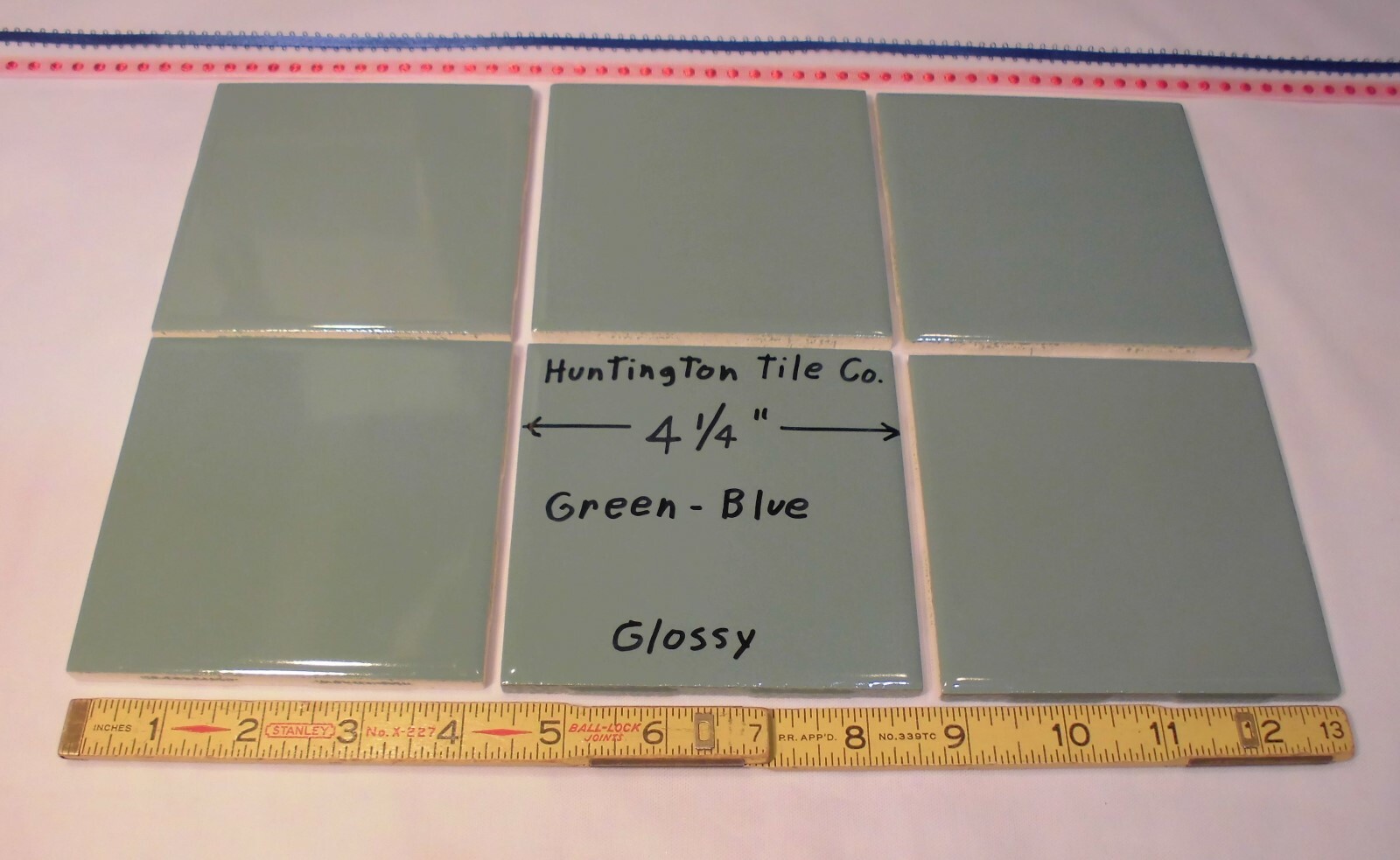 6 pcs. Glossy Ceramic Tiles *Green-Blue* 4-1/4″ Made USA by Huntington Co. NEW