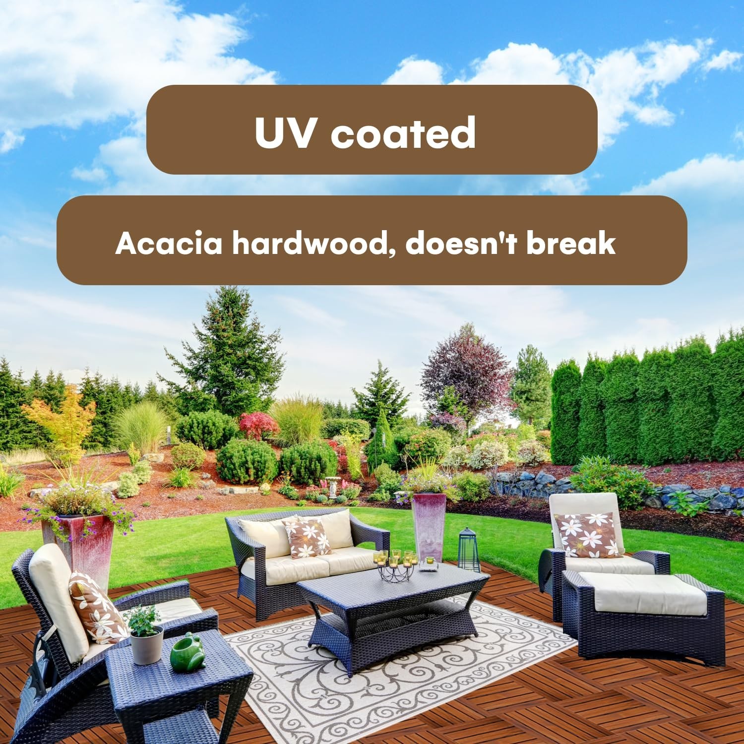 Acacia Wood Patio Flooring Interlocking Tiles Pack of 10, 12″ x 12″, All Weather